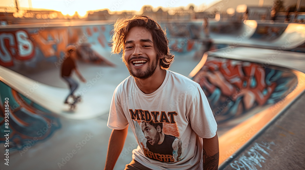 Smiling Young Man Having Fun at Vibrant Sunset Skatepark Smiling Young Man Having Fun at Vibrant Sunset Skatepark