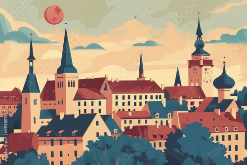 Wallpaper Mural Risograph stencilled riso print travel poster, card, wallpaper or banner illustration, modern, isolated, clear, simple of Tallinn, Estonia Torontodigital.ca