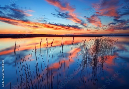 serene sunset over the Black Body. The lake reflects an orange and blue sky, with some clouds visible in the distance
