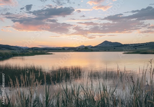 serene sunset over the Black Body. The lake reflects an orange and blue sky, with some clouds visible in the distance