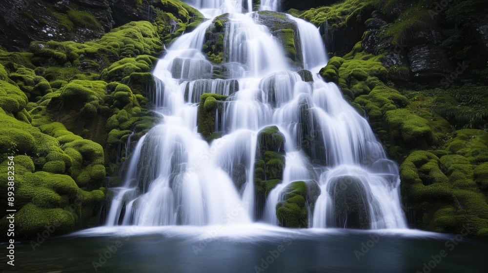 A picturesque waterfall cascading over moss-covered rocks, surrounded by lush greenery, high-resolution photo, realistic photo, cinematography, hyper realistic A picturesque waterfall cascading over moss-covered rocks, surrounded by lush greenery, high-resolution photo, realistic photo, cinematography, hyper realistic