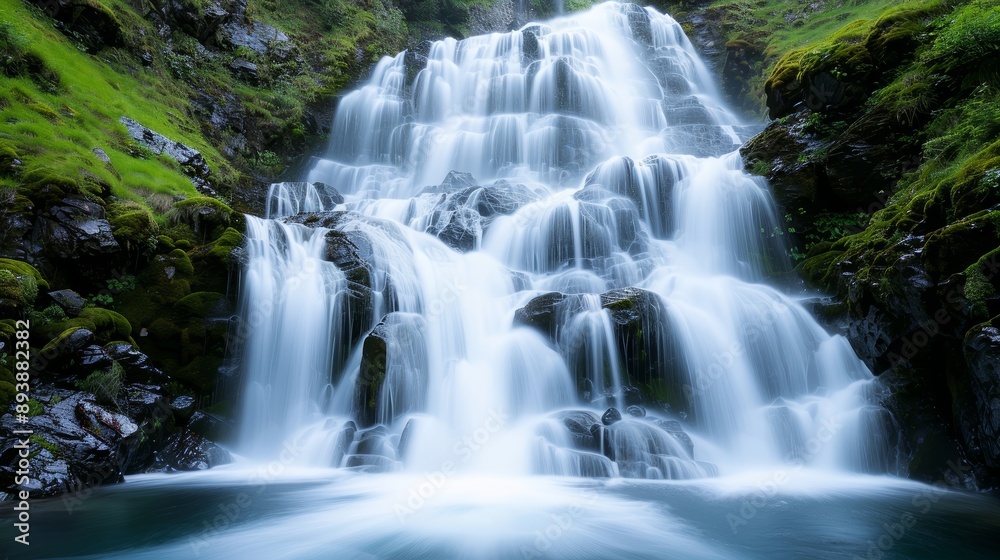 A picturesque waterfall cascading over moss-covered rocks, surrounded by lush greenery, high-resolution photo, realistic photo, cinematography, hyper realistic A picturesque waterfall cascading over moss-covered rocks, surrounded by lush greenery, high-resolution photo, realistic photo, cinematography, hyper realistic