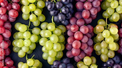 A repeating pattern of grapes in different colors, including red, green, and black varieties, high-resolution photo, realistic photo, hyper realistic