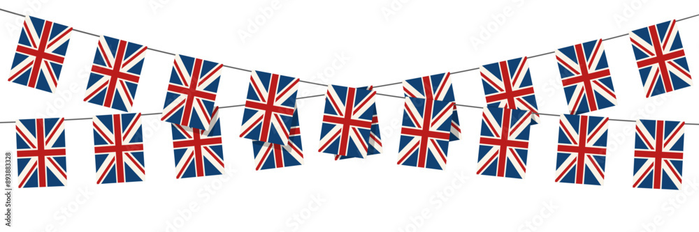 British bunting flags on white background. Union Jack bunting garlands.