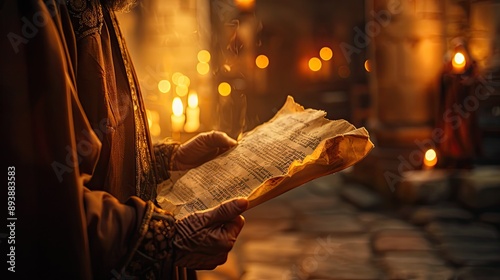 A monk with an ancient scroll in his hands, inside a church illuminated with candles, historical and medieval atmosphere. photo