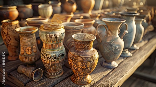 Collection of ancient ceramic vases, glasses and vessels from Mediterranean cultures.