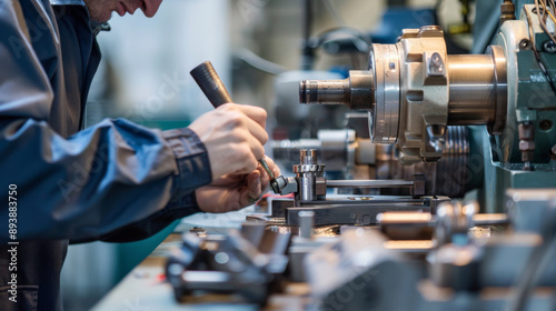 A technician working diligently on intricate machinery in an industrial workshop, emphasizing precision and technical expertise.