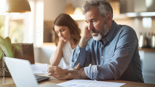 A mature couple looks worried as they review documents together at a kitchen table. © VK Studio