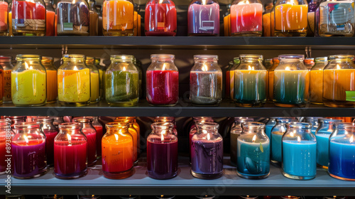 Wallpaper Mural Shelves brimming with colorful candles in glass jars create a warm and inviting atmosphere, with a rich spectrum of hues lighting up the space. Torontodigital.ca