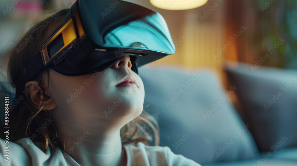 A young girl with VR goggles on sits on a couch, completely immersed in a digital realm, the room softly lit for a cozy and futuristic feel. A young girl with VR goggles on sits on a couch, completely immersed in a digital realm, the room softly lit for a cozy and futuristic feel.