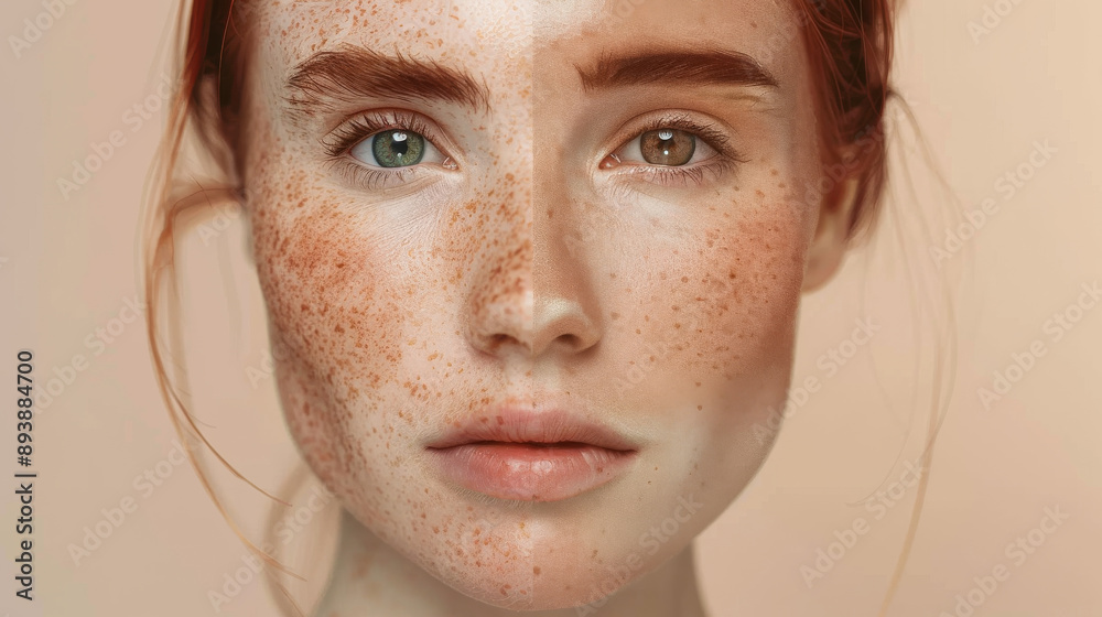 Detailed portrait of a freckled person with heterochromia, staring directly at the camera, showcasing facial symmetry and natural beauty. Detailed portrait of a freckled person with heterochromia, staring directly at the camera, showcasing facial symmetry and natural beauty.