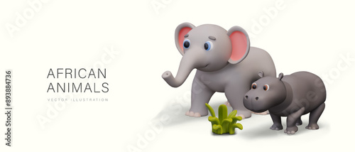 African wild animals. Realistic elephant and hippo walking on grass