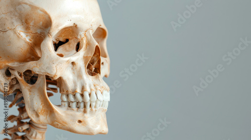 Close-up of a human skull with detailed anatomy on a gray background. Perfect for medical, educational, or scientific use.