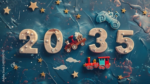 2035 New Year Celebration with Toy Trains and Stars