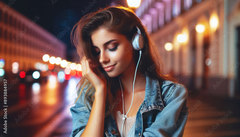 A young woman enjoying music on city street at night