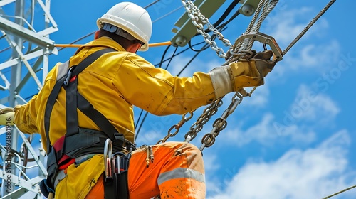 Electrician working on high voltage power line, closeup of hands