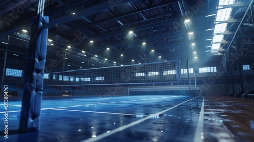 A volleyball court with a net and a blue background