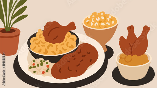 Comfort Food Classics - Mac and Cheese, Fried Chicken, and Potato Salad.