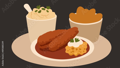 Comfort Food Classics - Mac and Cheese, Fried Chicken, and Potato Salad.