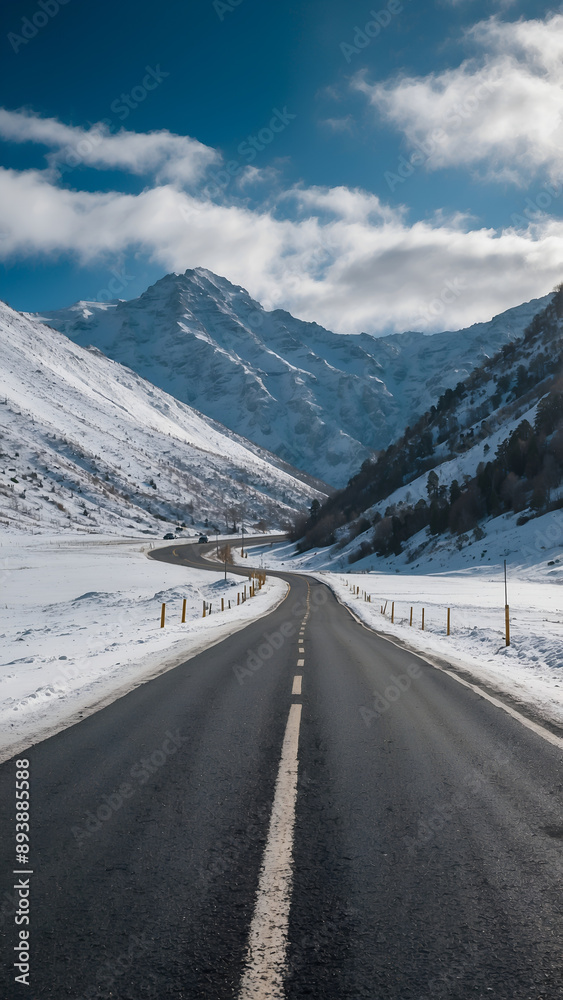 Long road through snowy mountains against blue sky Long road through snowy mountains against blue sky
