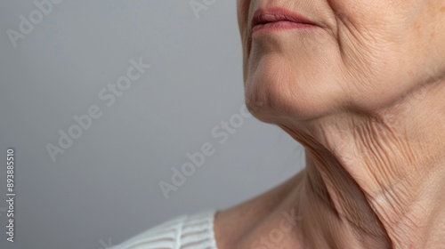 Close up of mature woman's neck with skin wrinkles. photo