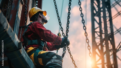 Worker with safety helmet and safety harness working on construction site