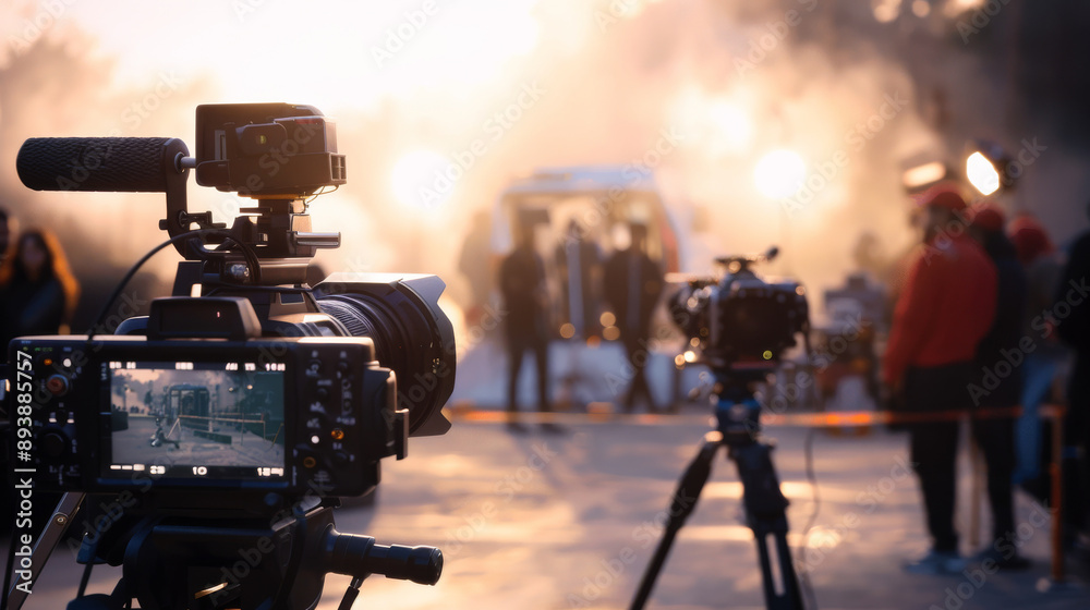 Fototapeta premium On a bustling film set, cameras capture the dynamic scene amid streaming lights and activity.