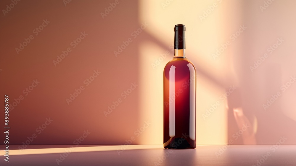 A bottle of wine is sitting on a table in front of a window A bottle of wine is sitting on a table in front of a window