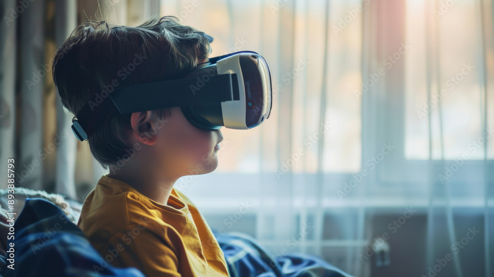 A boy gazes through a VR headset, the natural light from the window suggesting a serene morning exploring virtual worlds. A boy gazes through a VR headset, the natural light from the window suggesting a serene morning exploring virtual worlds.