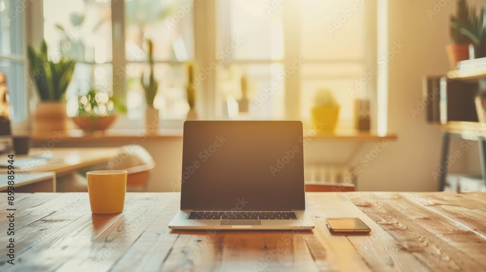Laptop laying on desk with coffee mug and smartphone in home office Laptop laying on desk with coffee mug and smartphone in home office