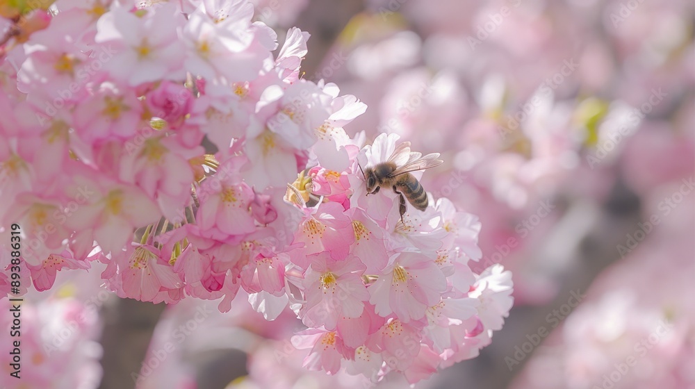 Honey bee gathering pollen from pink cherry blossom