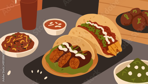 Fusion Tacos with Barbacoa, Curried Chicken, and Vegan Falafel Fillings