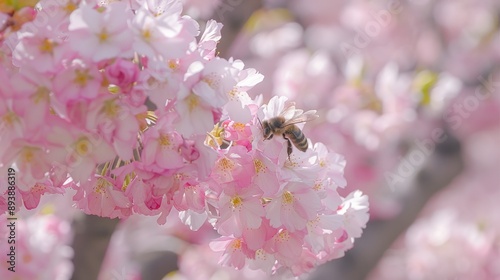 Obraz na płótnie Honey bee gathering pollen from pink cherry blossom w salonie