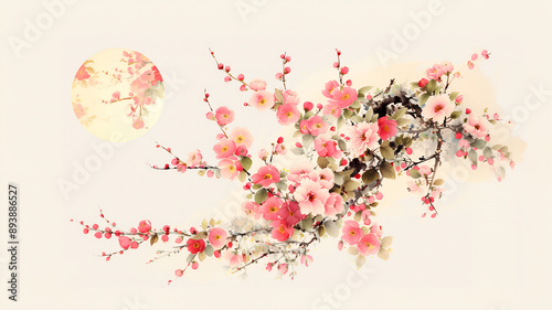 Beautiful elegant vintage floral background with the full moon, cherry blossom flowers in shades of pink and red in a traditional oriental style, for a holiday or a ceremony in Asia