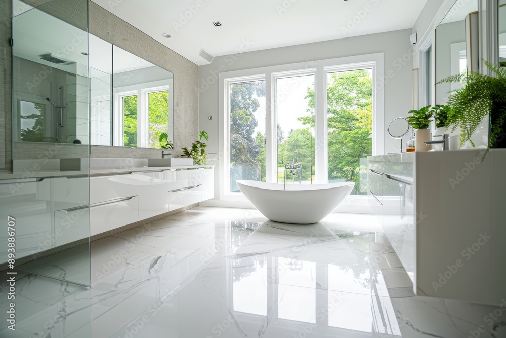 Fototapeta premium Modern bathroom featuring a freestanding bathtub, large windows with lush green views, and sleek white decor