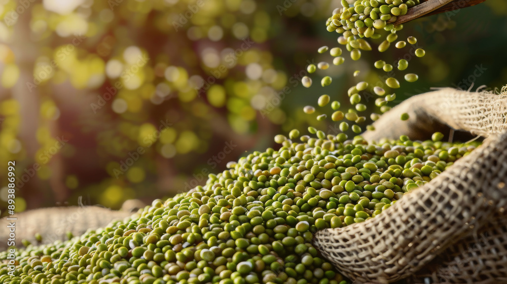 Obraz premium Fresh green beans cascade gracefully from a burlap sack, catching the warm sunlight, symbolizing the richness and abundance of the harvest season.