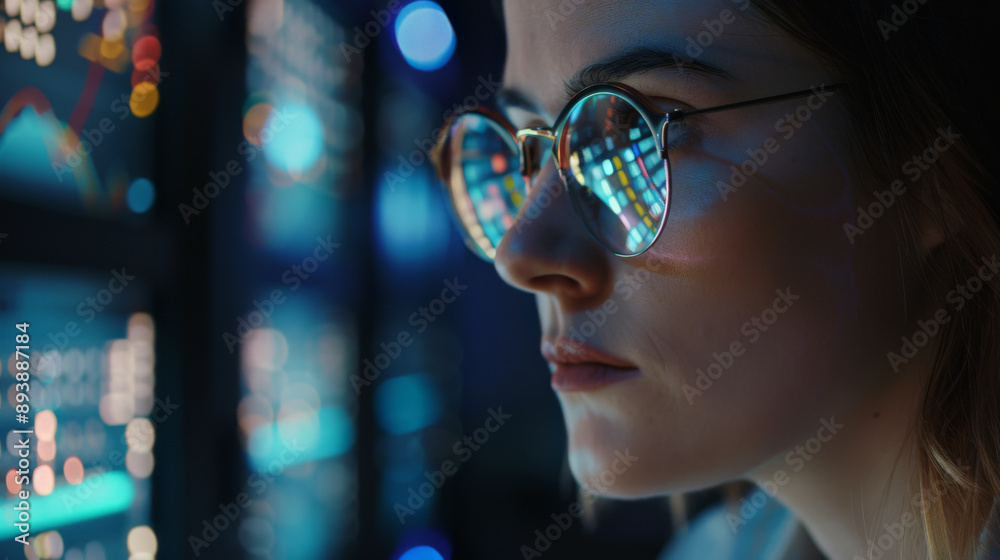 Close-up of a person in glasses looking intently at data screens in a dark room with blue hues, reflecting focus and determination in a high-tech environment. Close-up of a person in glasses looking intently at data screens in a dark room with blue hues, reflecting focus and determination in a high-tech environment.