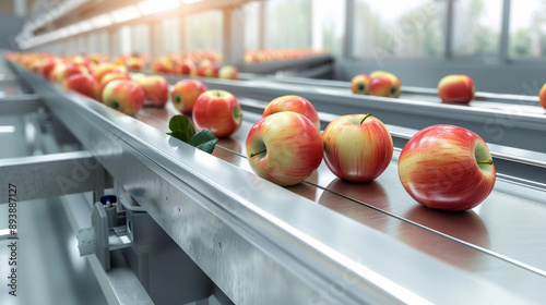 A conveyor belt in a modern factory with fresh apples neatly arranged, reflecting productivity and automization in the food industry. photo