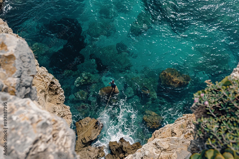 rocky coastline with the sea waves crashing against it, seen from above. The water is deep blue and green rocky coastline with the sea waves crashing against it, seen from above. The water is deep blue and green