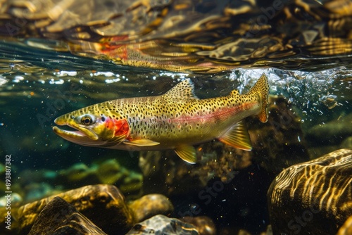 Underwater photo of a colorful rainbow trout swimming in a clear stream, highlighting its vibrant scales and natural surroundings. photo