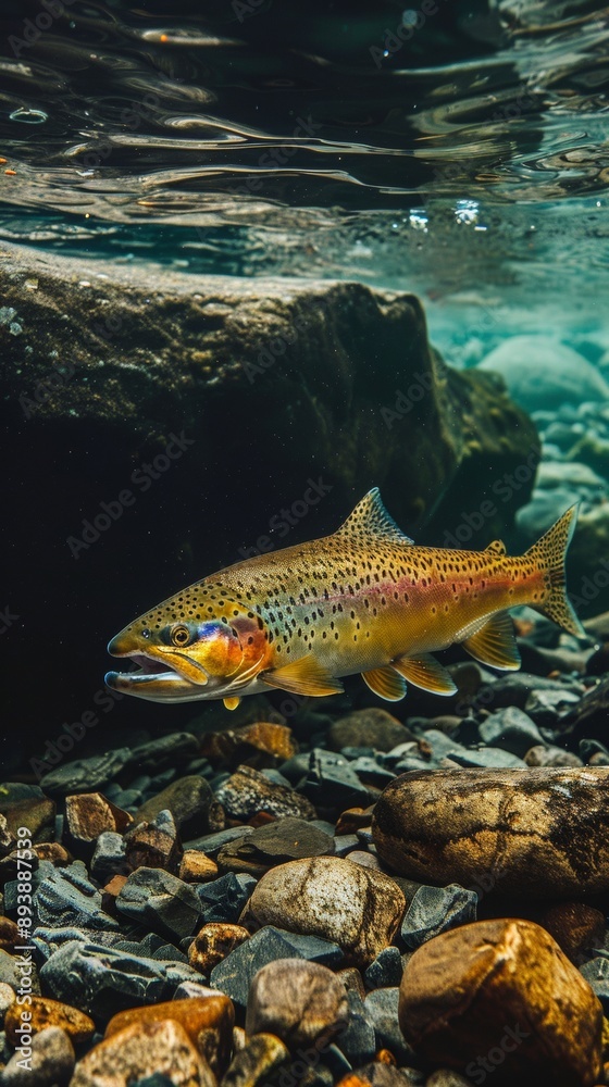 Naklejka premium Underwater photo of a colorful rainbow trout swimming in a clear stream, highlighting its vibrant scales and natural surroundings.