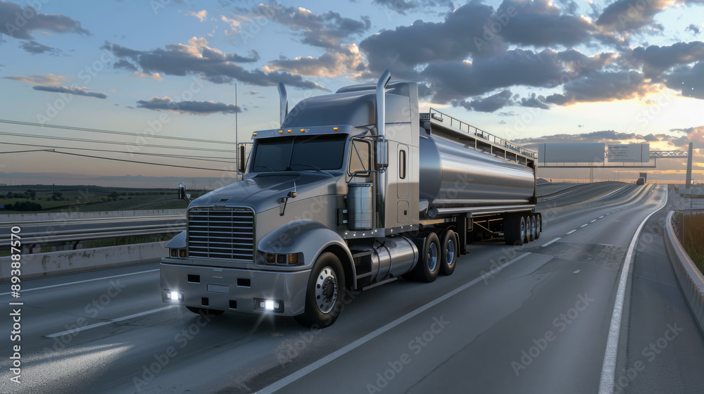 A shiny tanker truck driving on a highway at dusk, capturing the essence of transportation and logistics. A shiny tanker truck driving on a highway at dusk, capturing the essence of transportation and logistics.