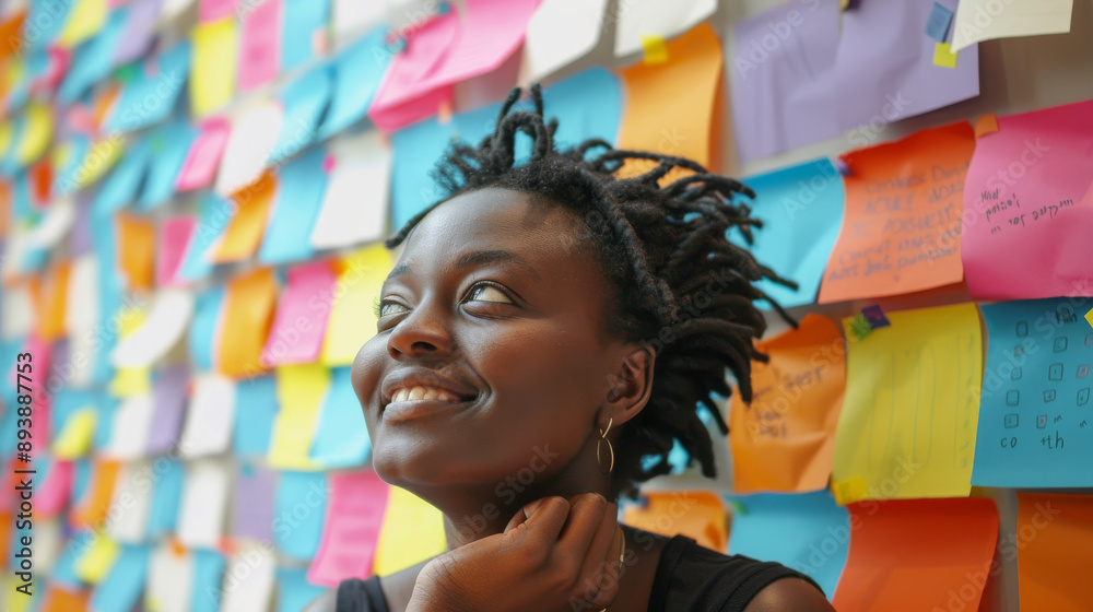 A joyful woman smiles, surrounded by a colorful wall of sticky notes filled with ideas and messages, signifying creativity and inspiration. A joyful woman smiles, surrounded by a colorful wall of sticky notes filled with ideas and messages, signifying creativity and inspiration.