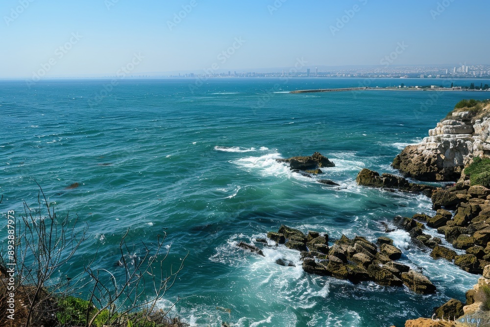 rocky coastline with the sea waves crashing against it, seen from above. The water is deep blue and green rocky coastline with the sea waves crashing against it, seen from above. The water is deep blue and green