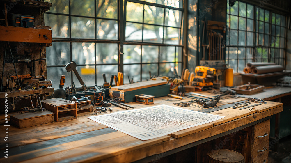 A telephoto angle photo of a construction plan on a wooden workbench, surrounded by tools and materials, highlighting the hands-on nature of construction work, with copy space A telephoto angle photo of a construction plan on a wooden workbench, surrounded by tools and materials, highlighting the hands-on nature of construction work, with copy space
