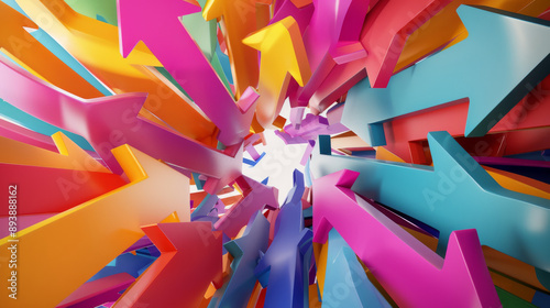 A vibrant explosion of multicolored arrows converge, creating a dynamic and energetic visual that symbolizes chaos and direction.