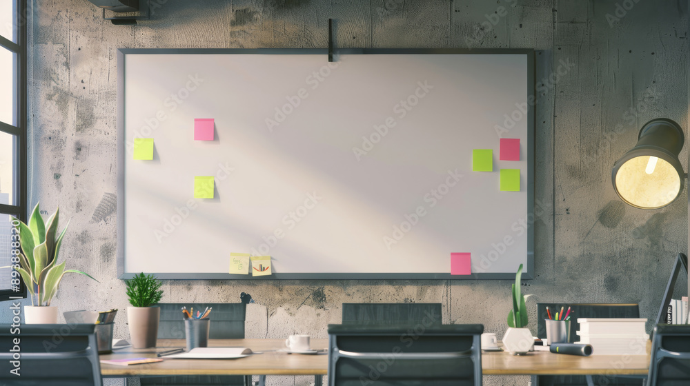 Modern office space with a large whiteboard, plants, and contemporary furnishings, bathed in natural light, ready for productive meetings. Modern office space with a large whiteboard, plants, and contemporary furnishings, bathed in natural light, ready for productive meetings.