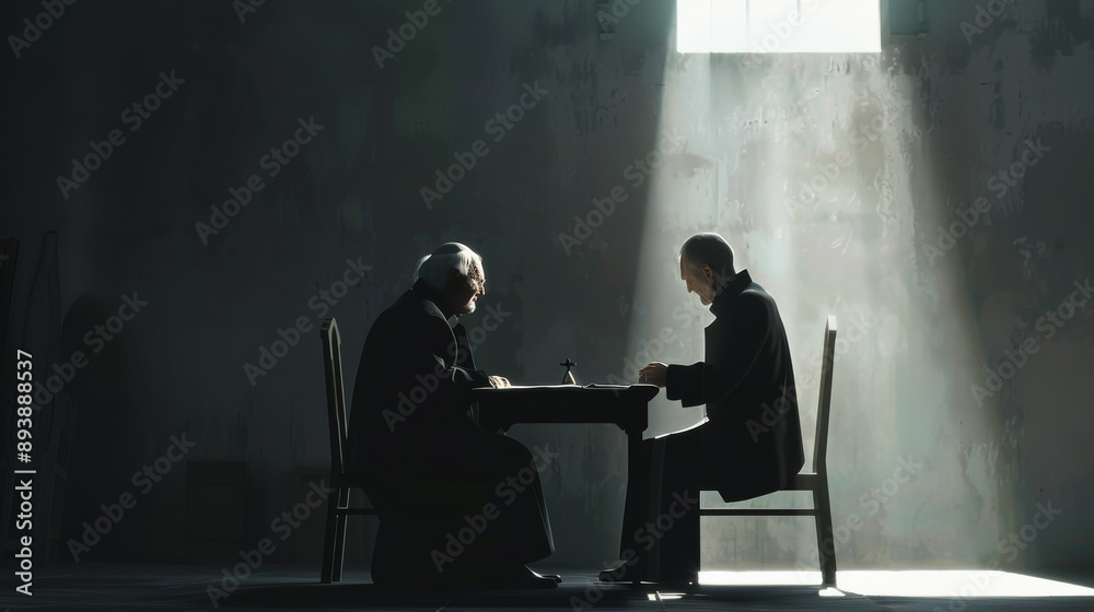Two men sit across from each other at a table in a dimly lit room, bathed in a dramatic ray of light from a high window. Two men sit across from each other at a table in a dimly lit room, bathed in a dramatic ray of light from a high window.
