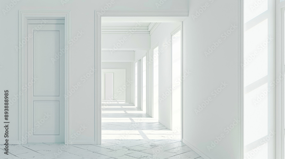 Fototapeta premium A series of bright, white-walled hallways with abundant natural light creating an ethereal and serene atmosphere.