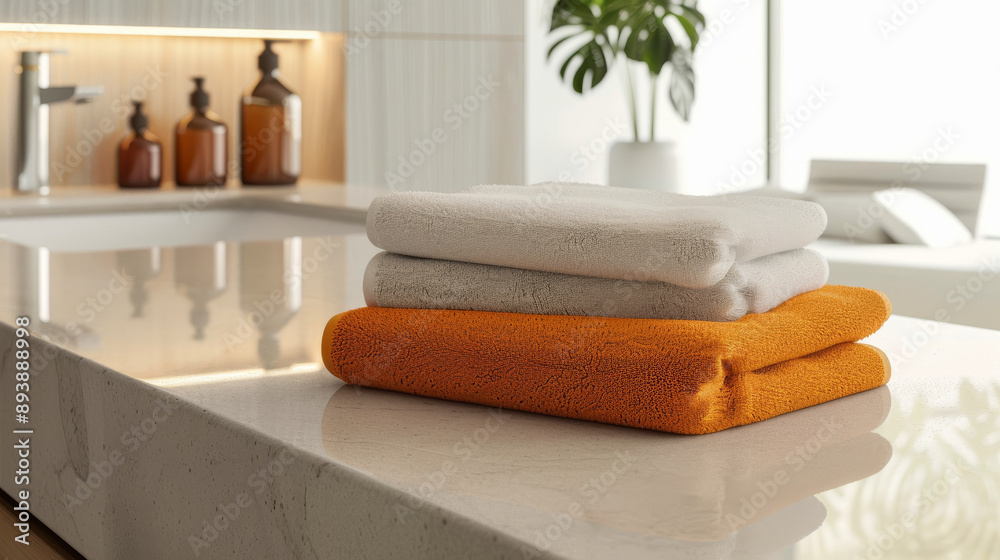 Freshly folded towels neatly stacked on a pristine countertop, adding a touch of freshness and comfort to the modern, bright bathroom. Freshly folded towels neatly stacked on a pristine countertop, adding a touch of freshness and comfort to the modern, bright bathroom.